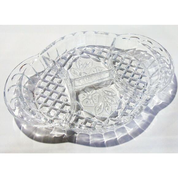 Clear Glass Diamond Cut DIVIDED SERVING DISH Dogwood Flower Oval Platter Plate - Picture 6 of 6